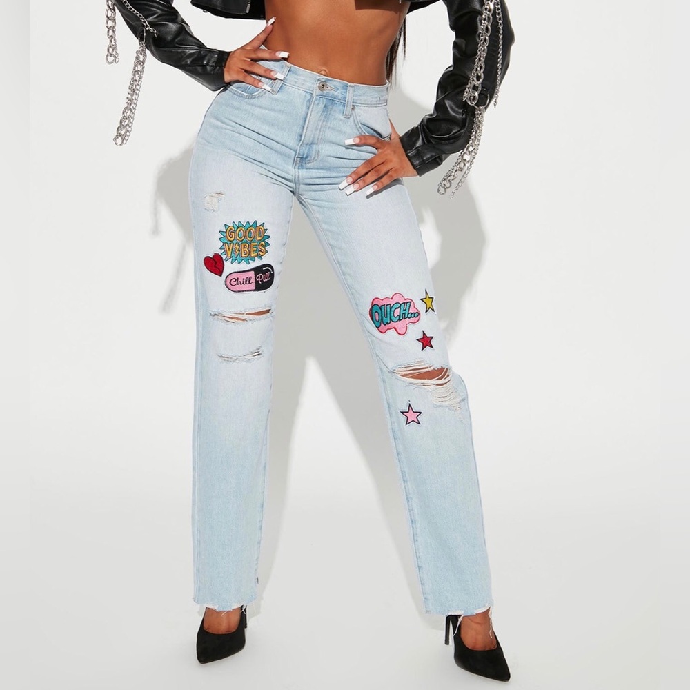 Patched In Pop Art Straight Leg Jeans - Light Blue Wash